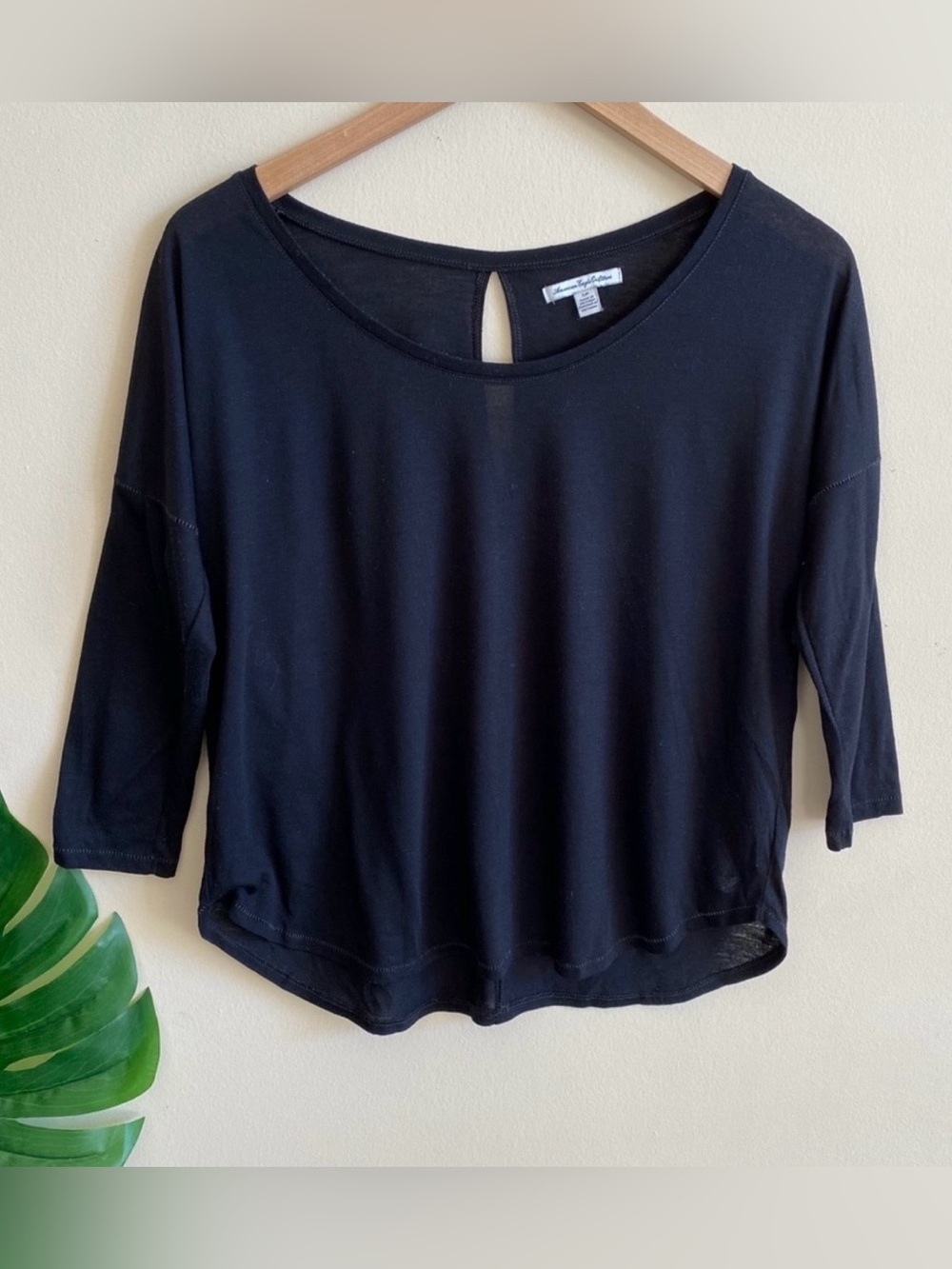 American Eagle Black Dolman Sleeve Tee Keyhole Back Size Small